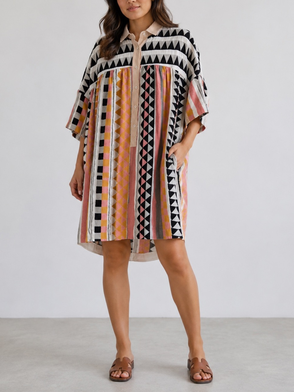 Devotion Twins Ella Aztec Boho Geometric Tiered Oversized Tunic Mini Dress